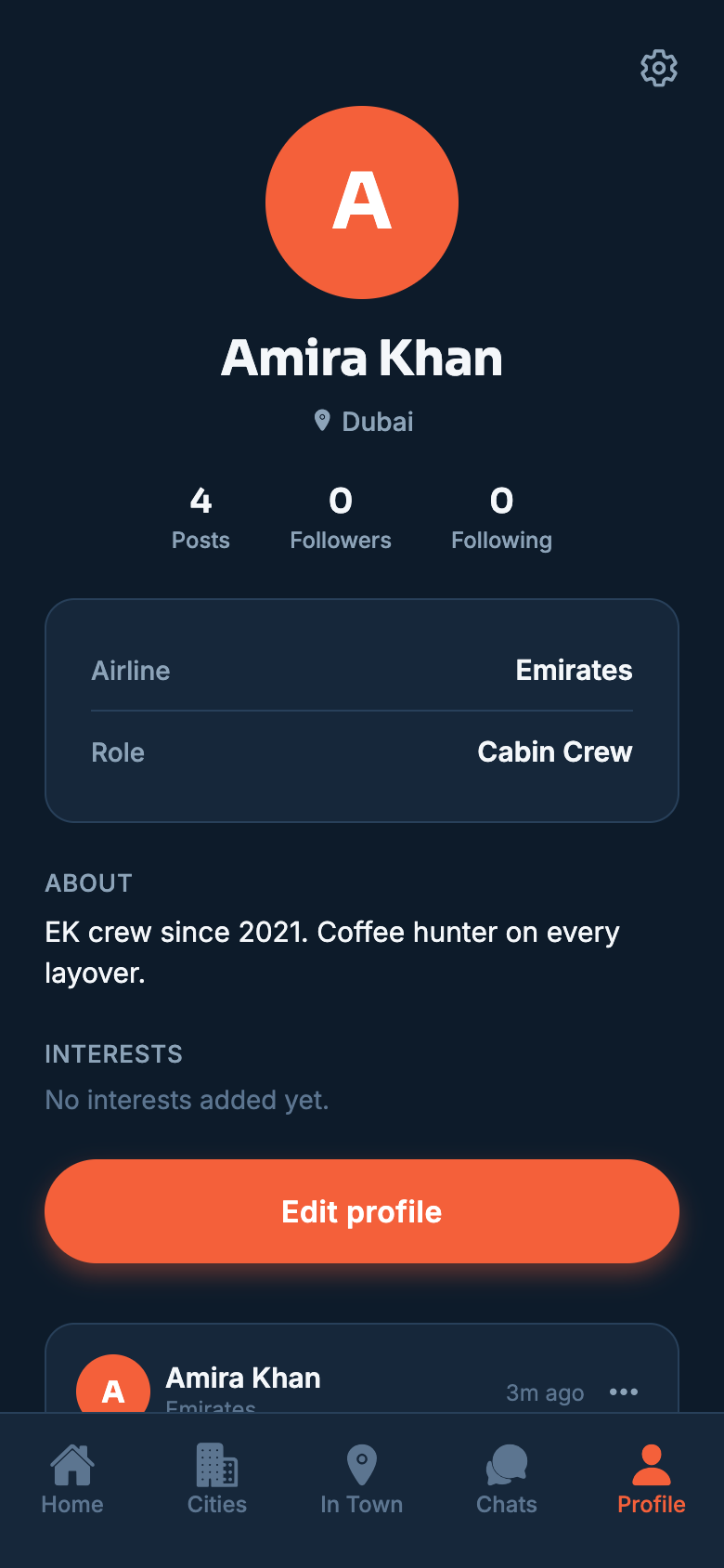 Crew profile with posts and followers